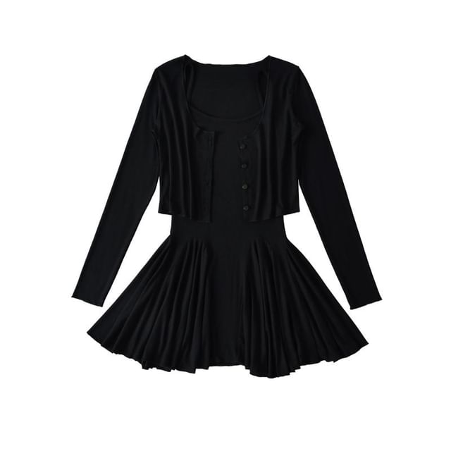 Set: Spaghetti Strap Plain Mini A-Line Dress + Round Neck Crop Cardigan