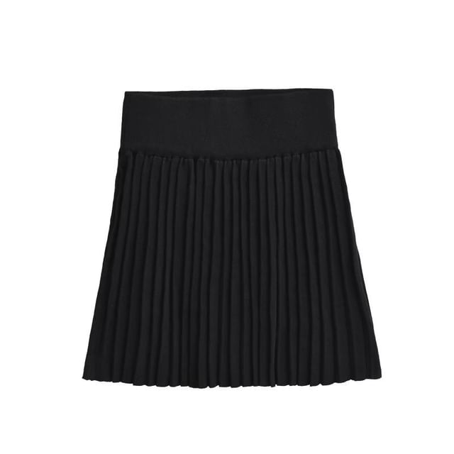 Pleated Knit Mini A-Line Skirt with High Waist