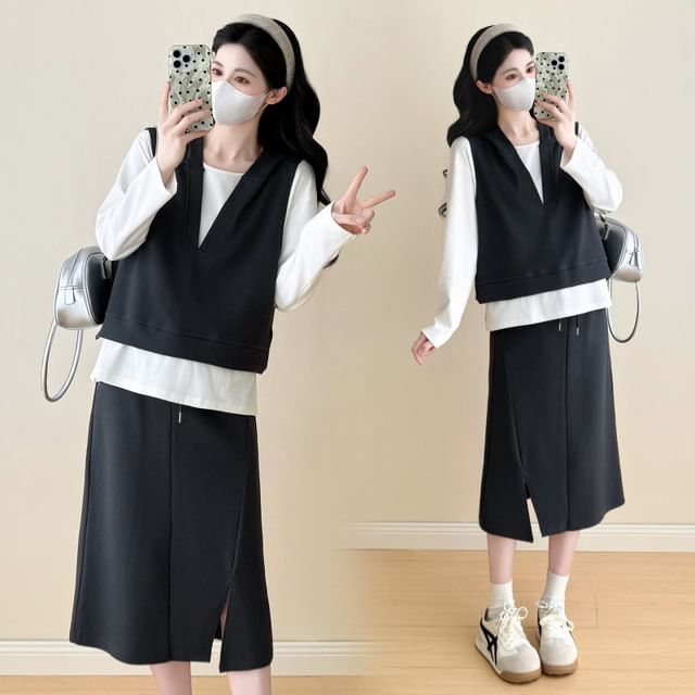 Maternity T-Shirt & Vest & Slit Midi Skirt Set
