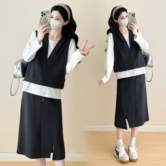 Maternity T-Shirt & Vest & Slit Midi Skirt Set