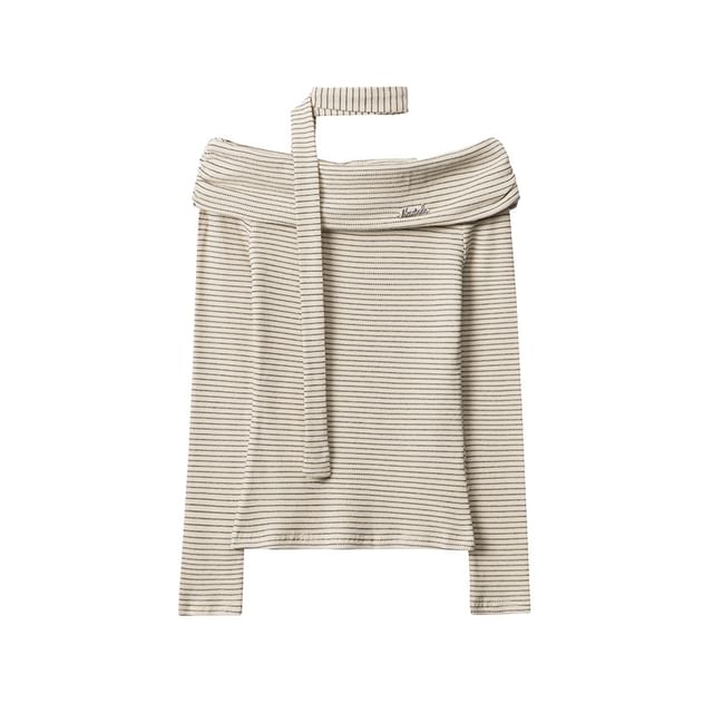 Striped Off-Shoulder Tee & Tie Set with Long Sleeves