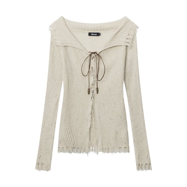 Distressed Lace Up Front Slit Plain Knit Sweater