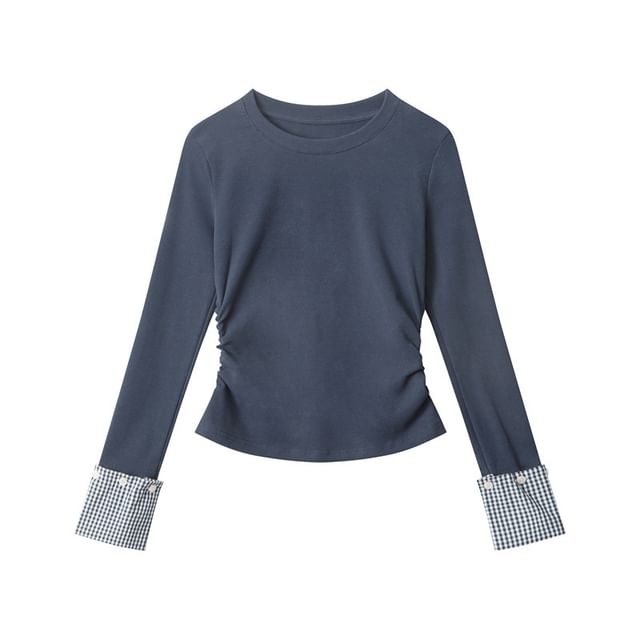 Crew Neck Plain Plaid Panel Long Sleeve Tee Shirt