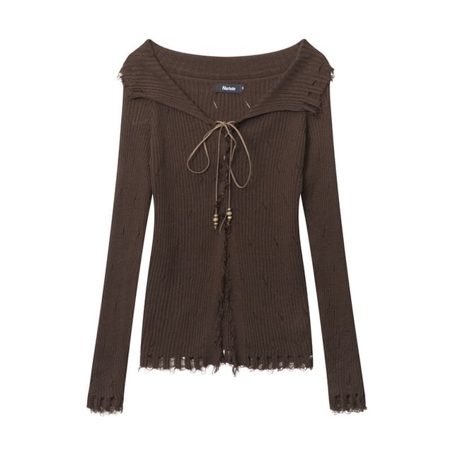 Distressed Lace Up Front Slit Plain Knit Sweater