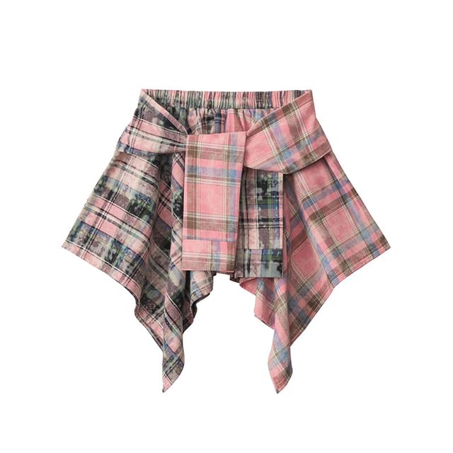 Asymmetrical Plaid Mini A-Line Skirt with Mid Rise