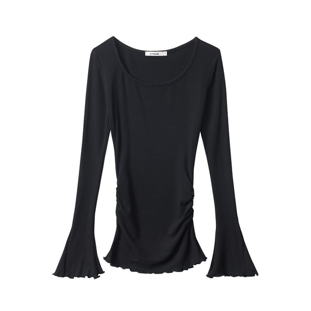 Flared Sleeve Scoop Neck Plain Tee Shirt