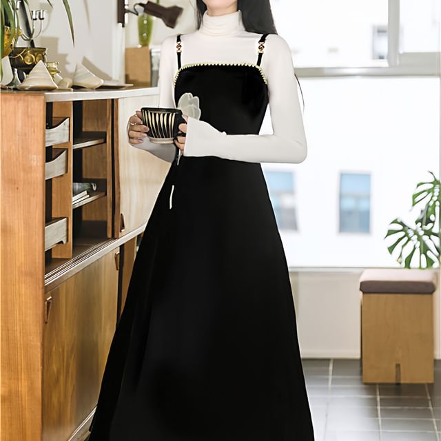 Set: Long-Sleeve Mock Neck Top + Spaghetti Strap Maxi A-Line Dress
