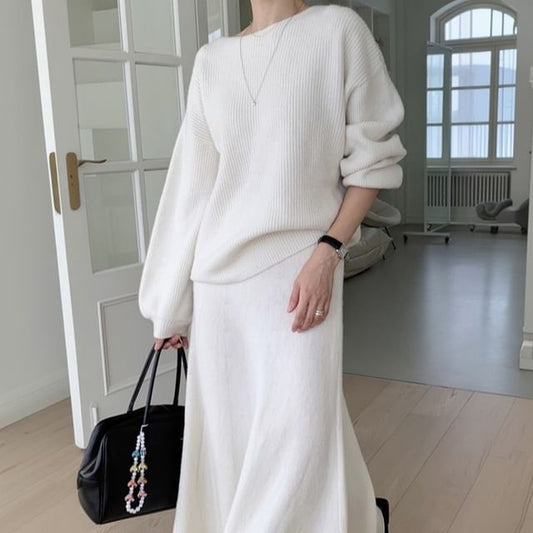 Boat Neck Ribbed Sweater & High Waist Maxi A-Line Skirt