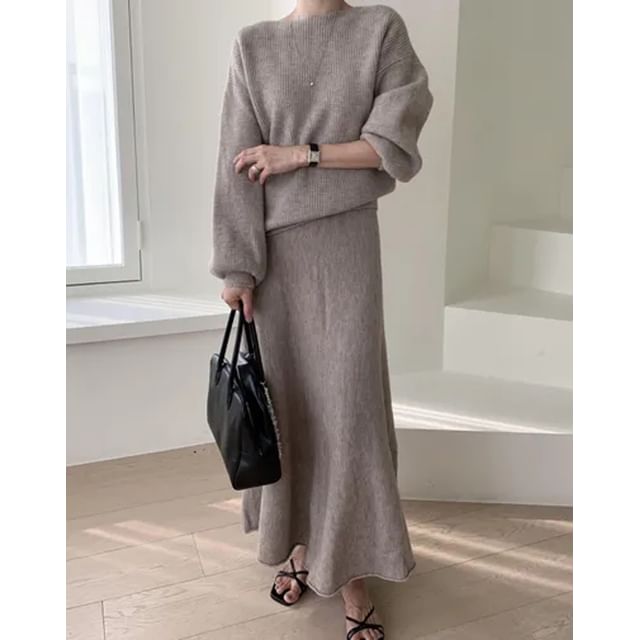 Boat Neck Ribbed Sweater & High Waist Maxi A-Line Skirt