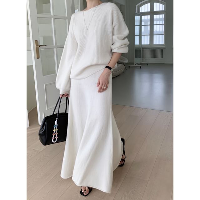 Boat Neck Ribbed Sweater & High Waist Maxi A-Line Skirt