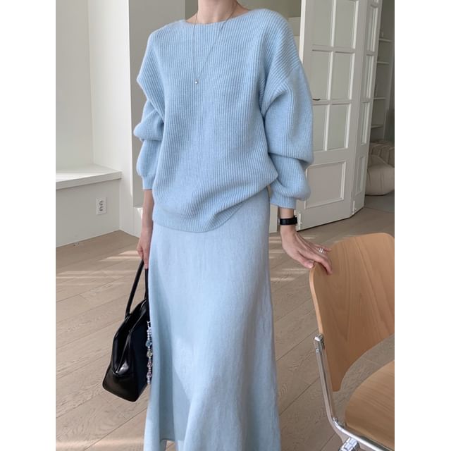 Boat Neck Ribbed Sweater & High Waist Maxi A-Line Skirt