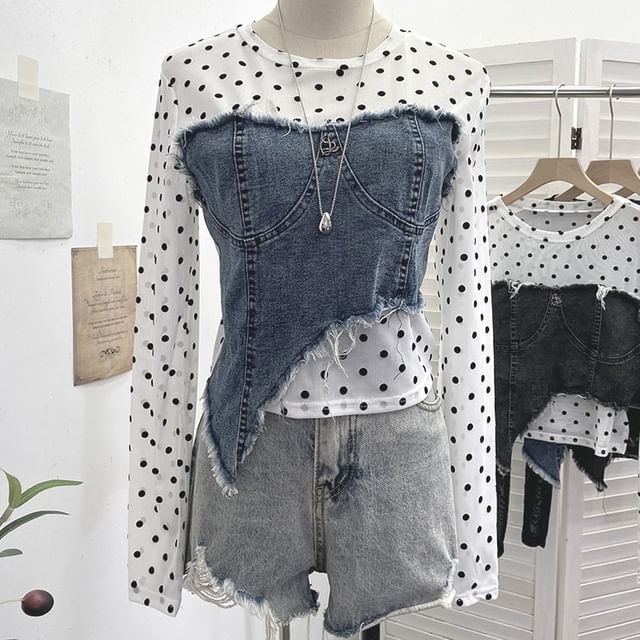 Dotted Denim Panel T-Shirt with Mock Two-Piece Design and Long Sleeves