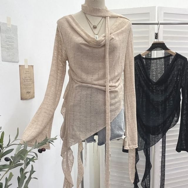 Distressed Ruffled Knit Top with Tie Neck, Asymmetrical Cut and Long Sleeves