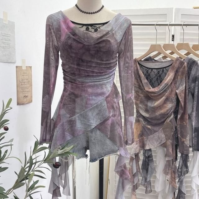 Tie-Dyed Ruffled Blouse with Cowl Neckline, Lace Panel and Long Sleeves