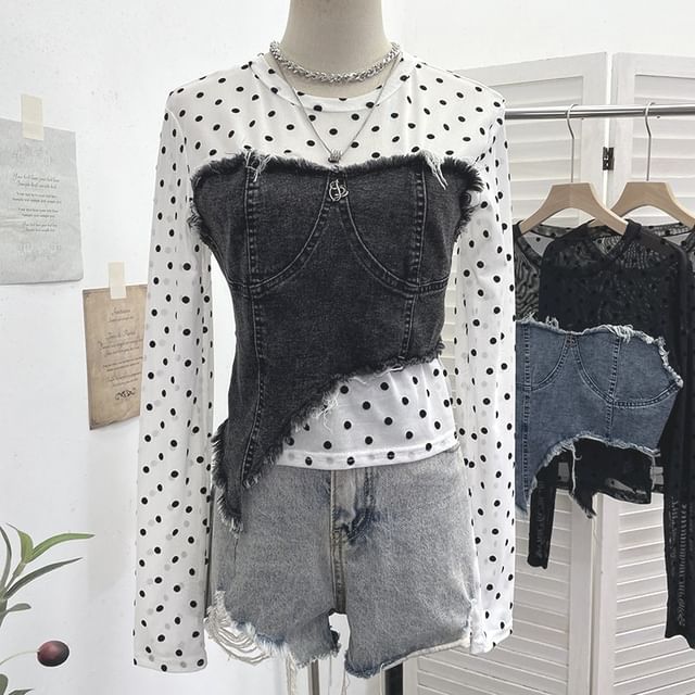 Dotted Denim Panel T-Shirt with Mock Two-Piece Design and Long Sleeves