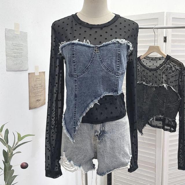 Dotted Denim Panel T-Shirt with Mock Two-Piece Design and Long Sleeves