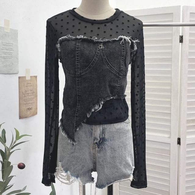 Dotted Denim Panel T-Shirt with Mock Two-Piece Design and Long Sleeves