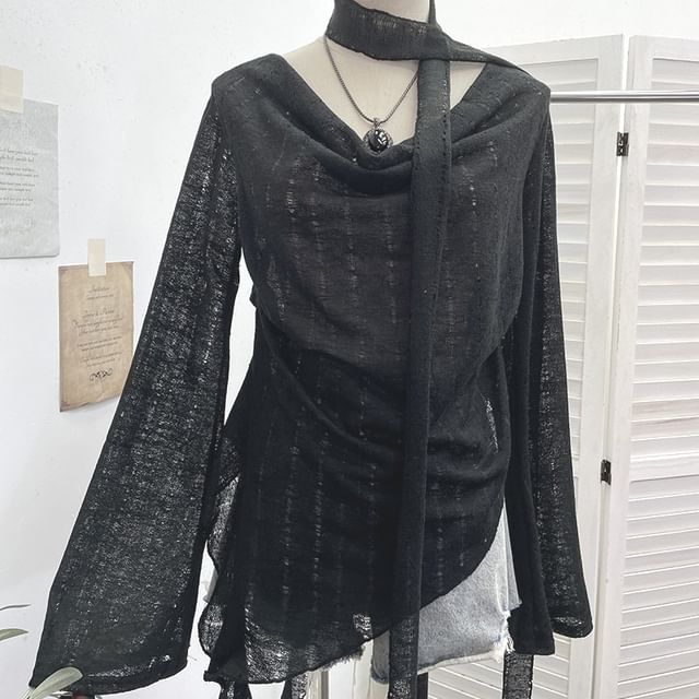 Distressed Ruffled Knit Top with Tie Neck, Asymmetrical Cut and Long Sleeves