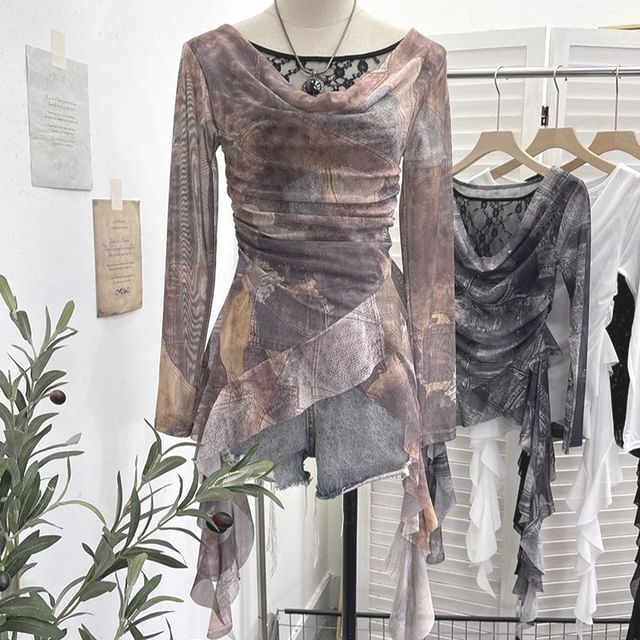Tie-Dyed Ruffled Blouse with Cowl Neckline, Lace Panel and Long Sleeves