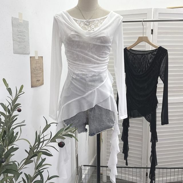 Tie-Dyed Ruffled Blouse with Cowl Neckline, Lace Panel and Long Sleeves