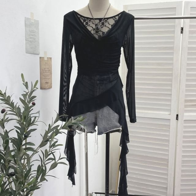 Tie-Dyed Ruffled Blouse with Cowl Neckline, Lace Panel and Long Sleeves