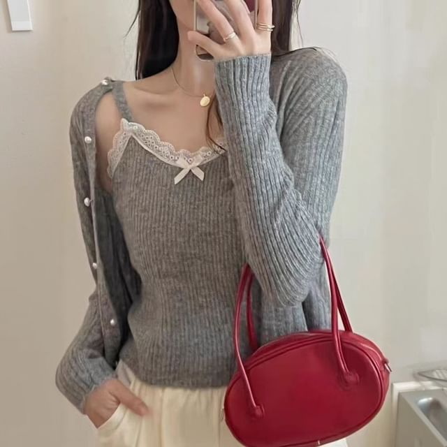 Set: Spaghetti Strap Lace Knit Cami Top + Faux Pearl Button Up Cardigan