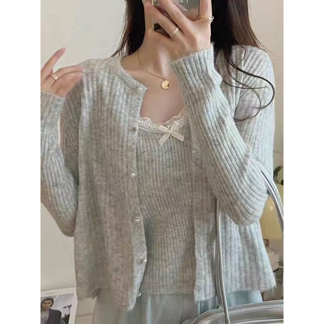 Set: Spaghetti Strap Lace Knit Cami Top + Faux Pearl Button Up Cardigan