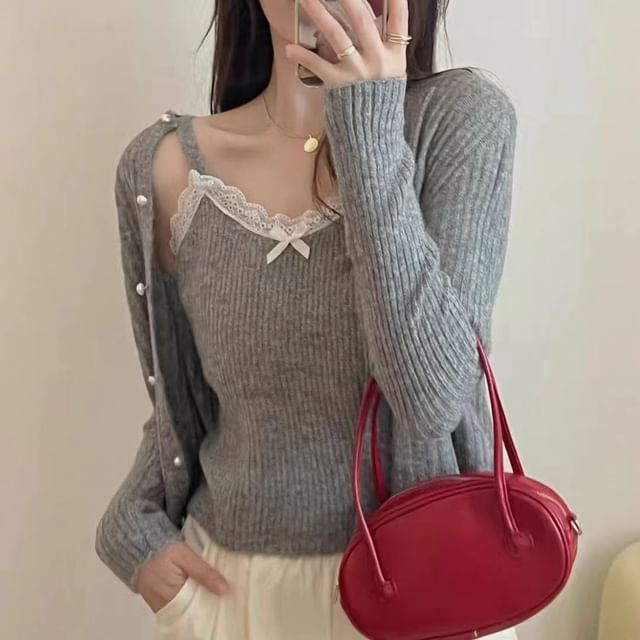 Set: Spaghetti Strap Lace Knit Cami Top + Faux Pearl Button Up Cardigan