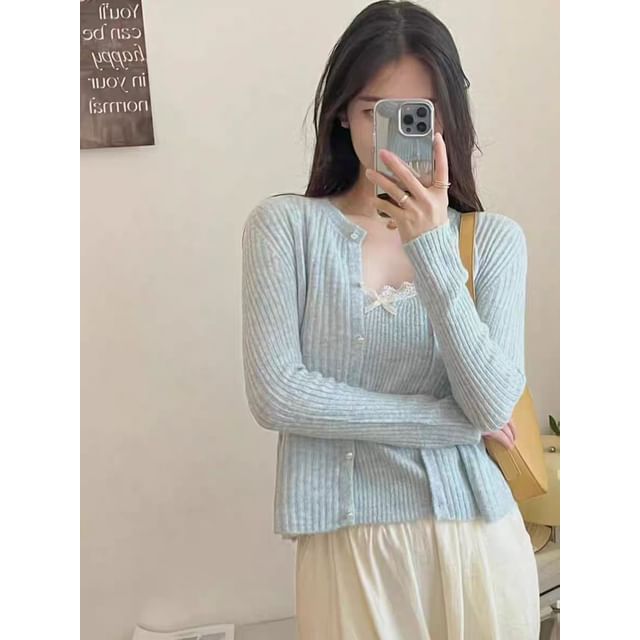 Set: Spaghetti Strap Lace Knit Cami Top + Faux Pearl Button Up Cardigan