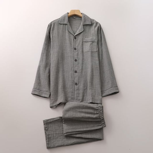 Couple Matching Pajama Set: Long-Sleeve Collared Top + Pants (Various Designs)