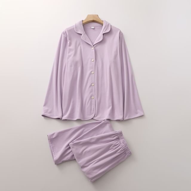 Couple Matching Pajama Set: Long-Sleeve Plain Top + Pants (Various Designs)