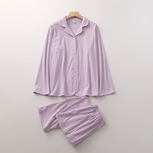 Couple Matching Pajama Set: Long-Sleeve Plain Top + Pants (Various Designs)