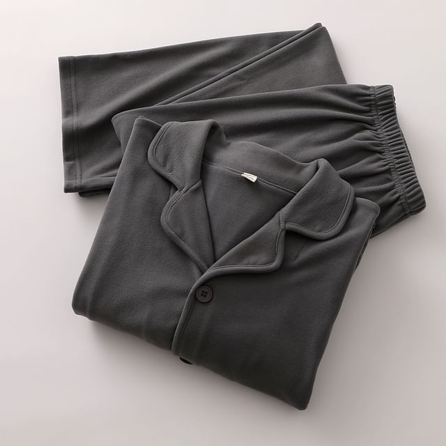 Couple Matching Pajama Set: Long-Sleeve Plain Top + Pants (Various Designs)