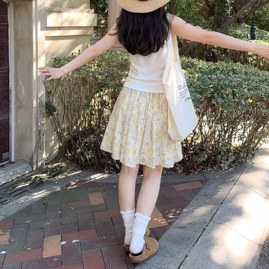 Floral A-Line Skirt with Elastic Waist