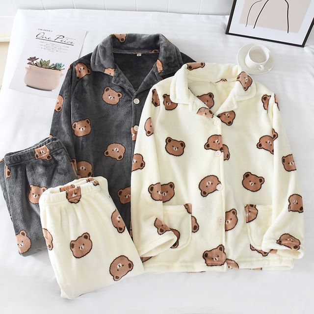 Couple Matching Pajama Set: Long-Sleeve Lapel Collar Bear Print Flannel Button Top + Pants (Various Designs)