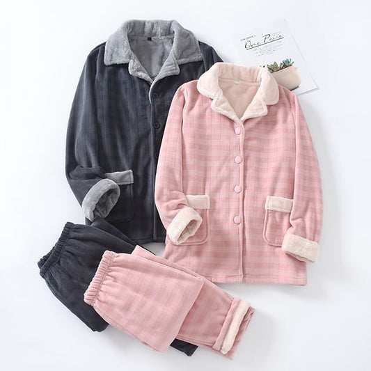 Couple Matching Pajama Set: Long-Sleeve Lapel Collar Plaid Fleece Button Top + Pants (Various Designs)