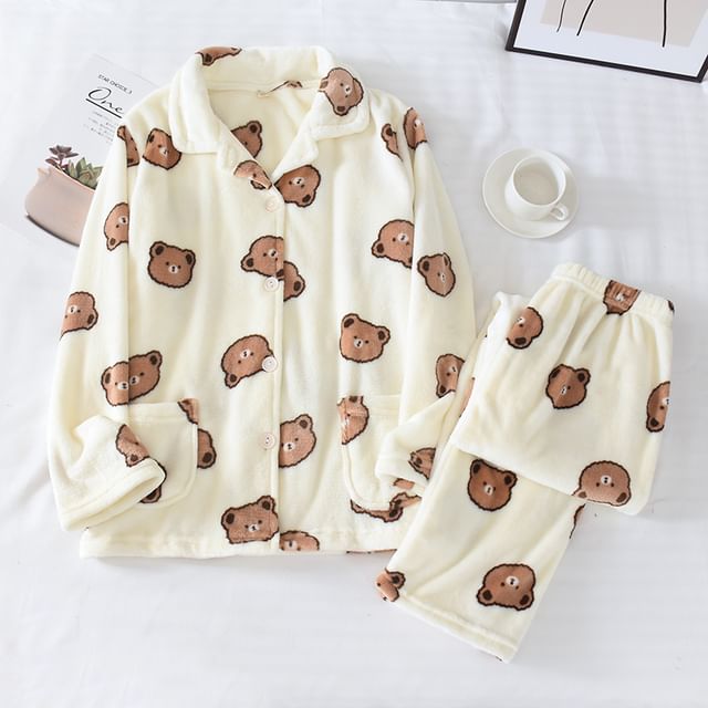 Couple Matching Pajama Set: Long-Sleeve Lapel Collar Bear Print Flannel Button Top + Pants (Various Designs)
