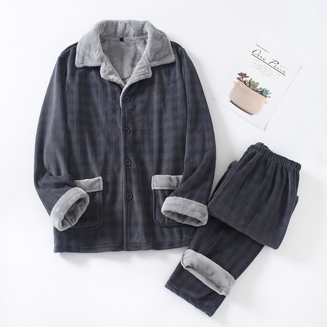 Couple Matching Pajama Set: Long-Sleeve Lapel Collar Plaid Fleece Button Top + Pants (Various Designs)
