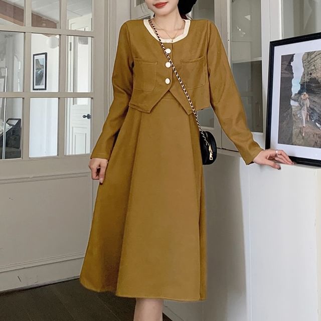Two-Tone Buttoned Corduroy Top and Spaghetti Strap Midi A-Line Dress Set
