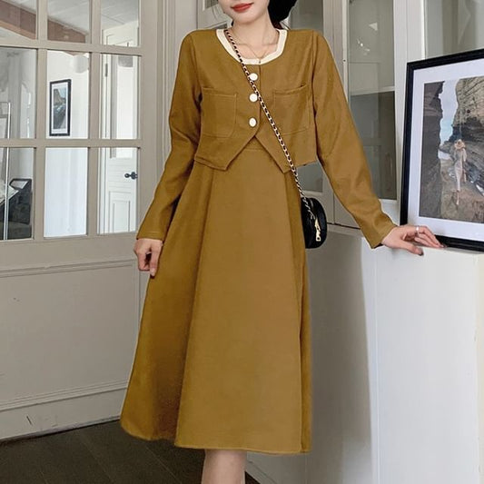 Two-Tone Buttoned Corduroy Top and Spaghetti Strap Midi A-Line Dress Set