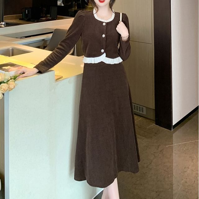 Ruffled Buttoned Corduroy Top and High Waist Midi A-Line Skirt Matching Set