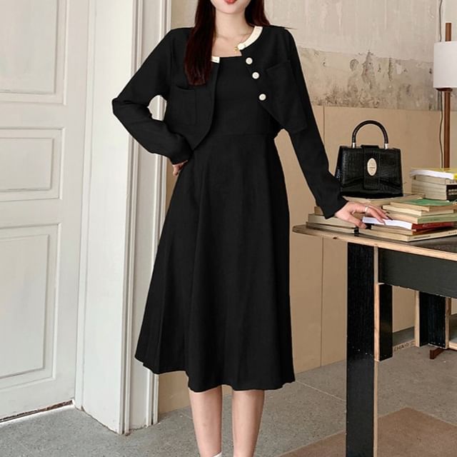 Two-Tone Buttoned Corduroy Top and Spaghetti Strap Midi A-Line Dress Set