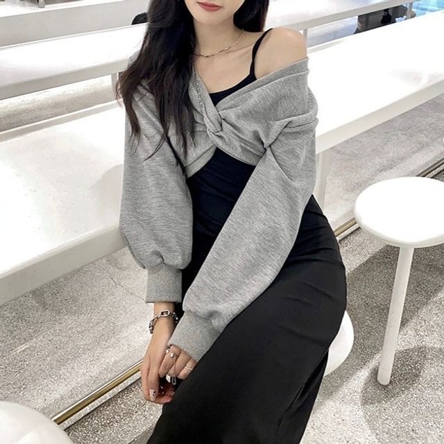Set: Long Sleeve V-Neck Plain Twist Crop Top + Spaghetti Strap Plain Midi A-Line Dress