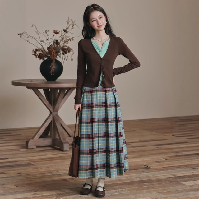 Notch Neck Two-Tone Cardigan & Plaid Pleated Midi Skirt Set