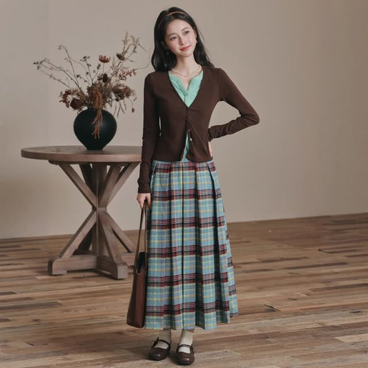 Notch Neck Two-Tone Cardigan & Plaid Pleated Midi Skirt Set