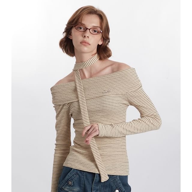 Striped Off-Shoulder Tee & Tie Set with Long Sleeves