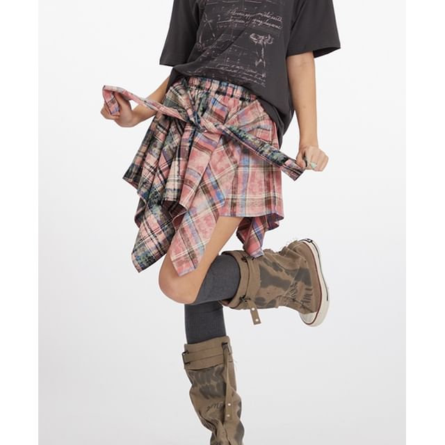 Asymmetrical Plaid Mini A-Line Skirt with Mid Rise
