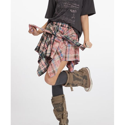 Asymmetrical Plaid Mini A-Line Skirt with Mid Rise