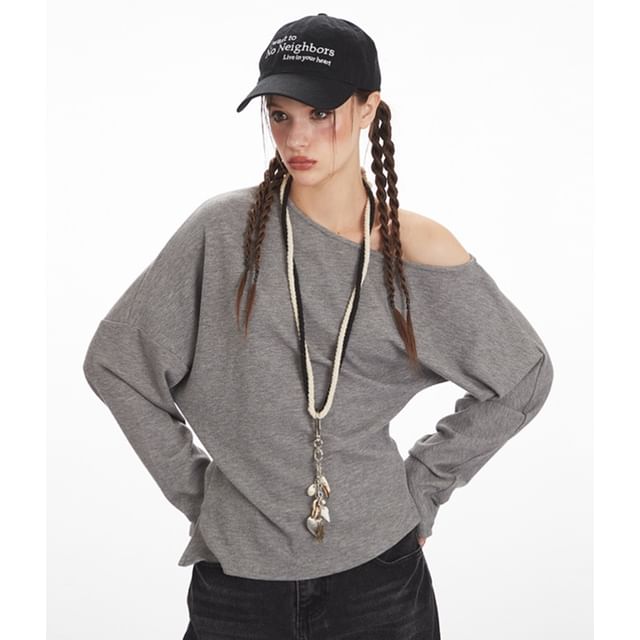 One Shoulder Plain Asymmetrical Long Sleeve Tee Shirt