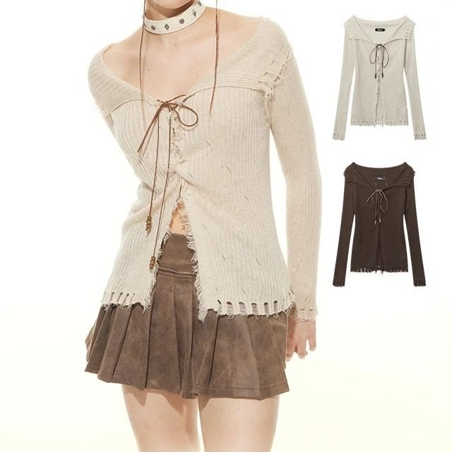 Distressed Lace Up Front Slit Plain Knit Sweater